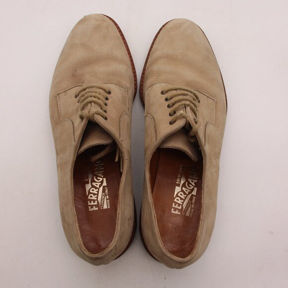 Salvatore Ferragamo Men's 9.5 D Tan Suede Plain-toe Derby Dress Oxford Shoes - Picture 9 of 14